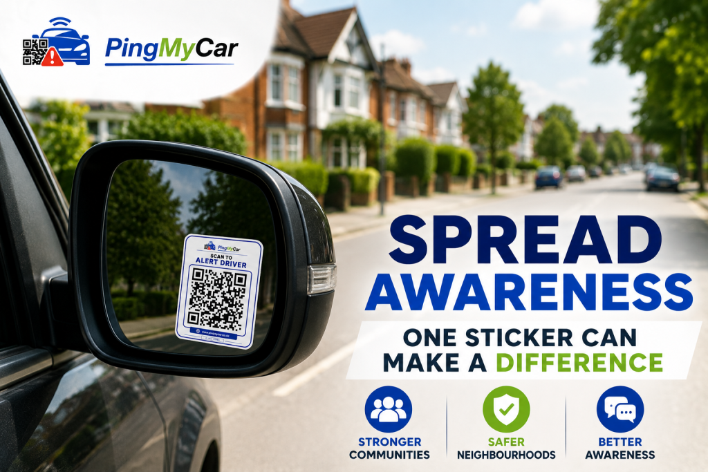 PingMyCar awareness sticker on car mirror promoting safer communities in the UK