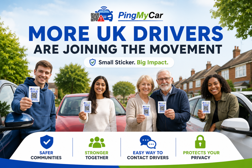Diverse UK drivers holding PingMyCar awareness stickers to support safer communities and public awareness campaigns
