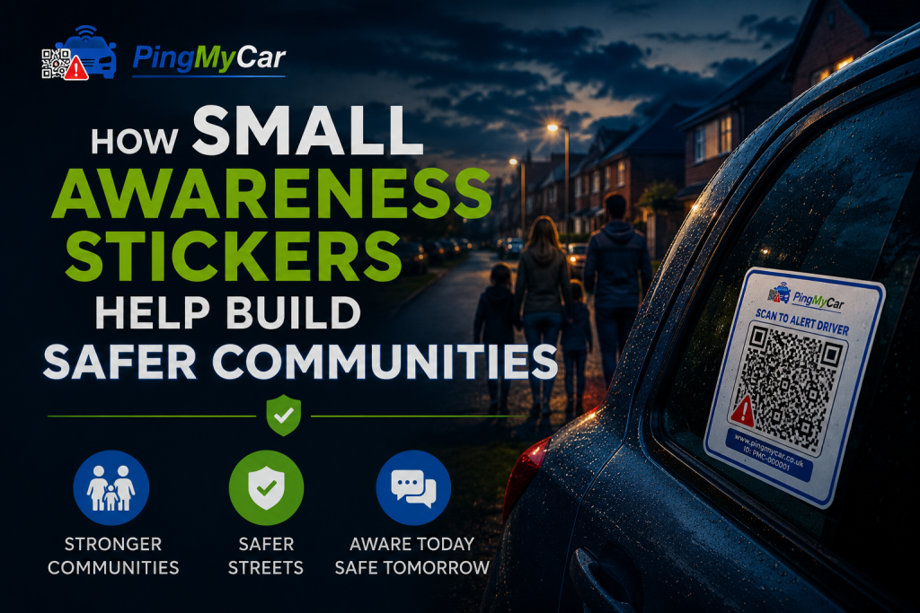 PingMyCar awareness sticker on vehicle promoting safer communities and public safety in a UK neighbourhood at night