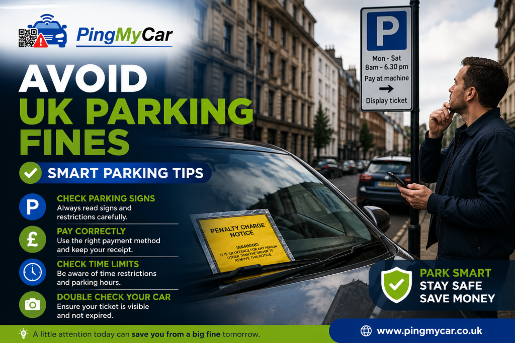 Driver checking UK parking signs beside a car with a parking fine notice and PingMyCar smart parking awareness branding